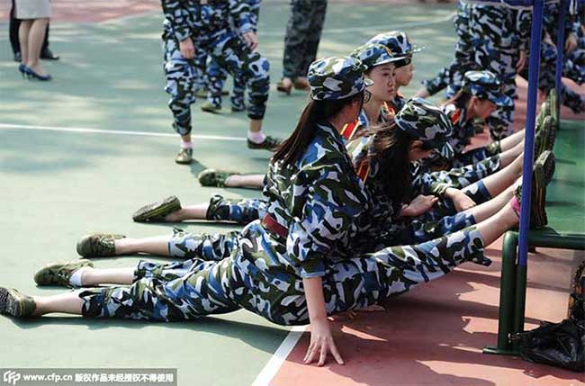 China students military training.