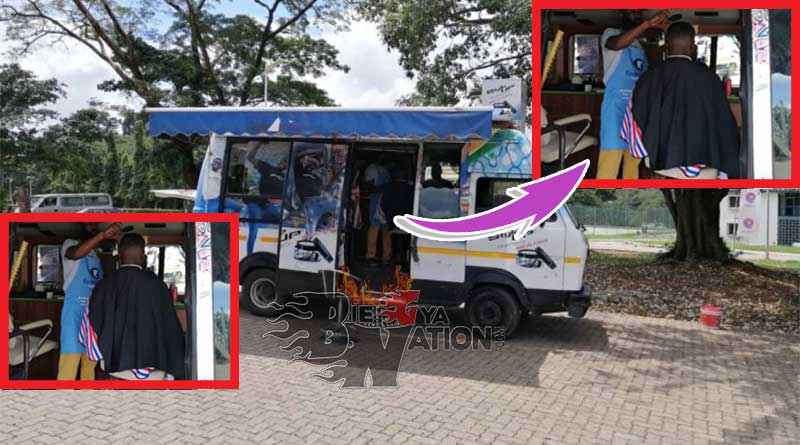 barbering shop inside trotro van.